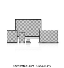 Set of Device Mock Up. Realistic Computer, Laptop, Tablet and Smartphone with Empty Transparent Screen. Vector Illustration Isolated on Transparent Background