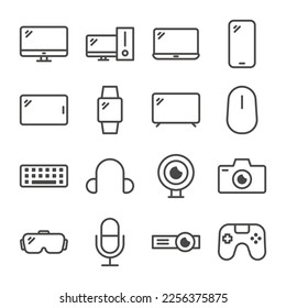 Set of Device Outline Icon. Monitor, Smartphone, Smartwatch, Keyboard, Mouse, VR, Camera, Computer, And More. Editable Stroke. Isolated on White Background. Vector Eps10