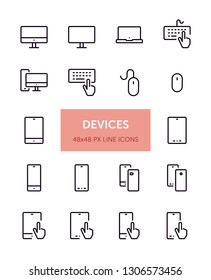 Set of Device related vector line icons. Contains icons such as Desktop, Laptop, Tablet, Smartphone and more. 48x48px with editable stroke. 