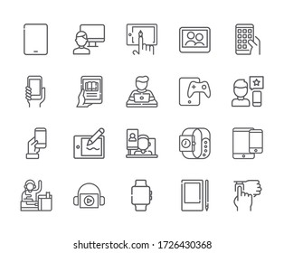 Satz gerätespezifischer Vector Line-Symbole. Enthält Icons wie Computer, Tablet, Smartphone, SmartWatch und mehr. - Vektor