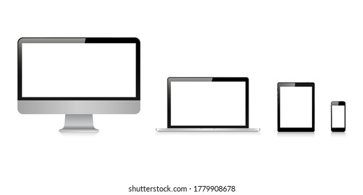 Juego de simulación de pantalla de dispositivo. Smartphone, tableta, monitor portátil, con pantalla en blanco para su diseño. Ilustración del vector