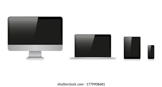 Set of Device screen mockup. Smartphone, tablet, laptop monitor, with blank screen for you design. Vector illustration