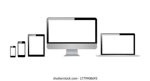 Set of Device screen mockup. Smartphone, tablet, laptop monitor, with blank screen for you design. Vector illustration