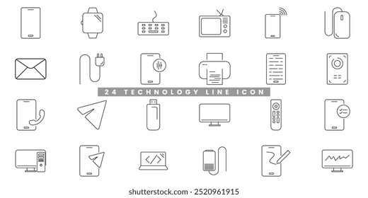 Conjunto de ícones da Web de dispositivo e tecnologia em estilo de linha. Monitor de computador, smartphone, tablet e laptop. Ilustração vetorial.