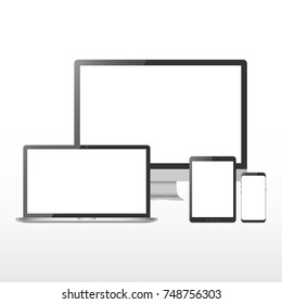 Set device with white screen. Computer monitor, laptop, tablet, mobile phone.