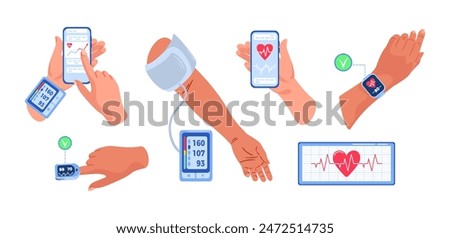 A set of devices for cardiovascular system. blood pressure monitor. Smartphone applications, Cardio journal, smartwatch. Pulse oximeter. Electrocardiogram. Sphygmomanometer. Medical equipment.