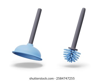 Set of devices for cleaning toilet and sewer. Realistic piston, round brush. Vector isolated templates on white background. Elements for cleaning clogged drain pipes, cleaning sanitary ware