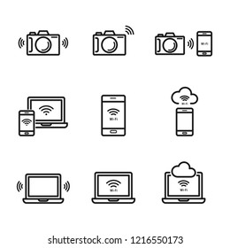 Set of Devices Connect to WiFi Icons, technology consists of several things includes smartphone,  laptop and camera. Simple flat design. Isolate on white background.