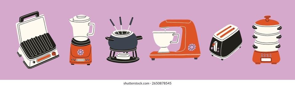 Conjunto de dispositivos para cozinhar - fondue, misturador, torradeira, grelha, vapor.
Bom para representar aparelhos de cozinha em listagens de produtos, manuais de instruções ou tutoriais de culinária. Ilustração vetorial.