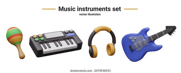 Set of devices for creating and listening to music. Maracas, synthesizer, headphones, guitar