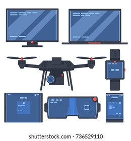 Set of devices with desktop, laptop, smartphone, drone, video glasses flat vector illustration