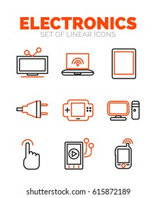 Set of devices and electronics icons, flat minimal linear thin style. Vector symbols isolated on white, orange and black colors