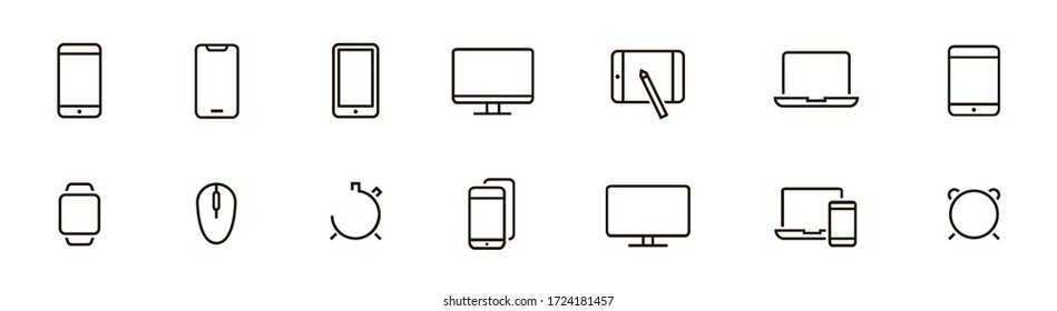 Set von Geräten und Gadgets, Elektronik und Ausrüstung Vektorgrafiken. Für die Größe 64 x 64 Pixel. Pixel perfekte Symbole 