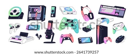 Set of devices for gaming. Computer items, gamers accessories in gradient style. Gadgets to play videogames. Console, joysticks, gamepads, microphone. Flat isolated vector illustrations on white