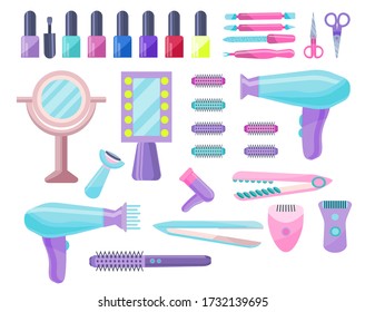 Set of devices for hair styling and manicure, depilation. Collection of accessories for self-care. Vector illustration in flat style.