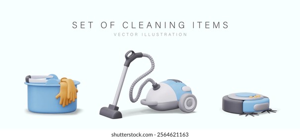 Set of devices and household appliances for cleaning. Plastic bucket with rubber gloves, manual vacuum cleaner, robot vacuum cleaner. Isolated templates, icons for shop, service clinic