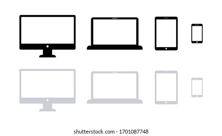 Set of Devices Icon Vector on White Background. Desktop, Smartphone, Laptop, Tablet