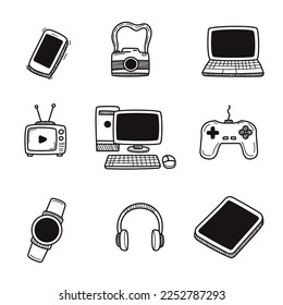 Set of devices icons with doodle style isolated on white background