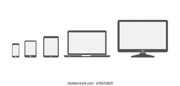 Conjunto de ícones de dispositivos. Conjunto de ícones de dispositivos. Dispositivos isolados em fundo branco. Ícones: tela de computador, laptop, tablet pc, smartphone, livro eletrônico - ilustração vetorial estoque