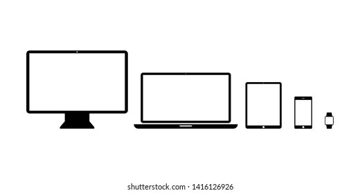 Set devices icons isolated technology products. Desktop tablet phone icons. Mock up of responsive design web application or website. EPS 10