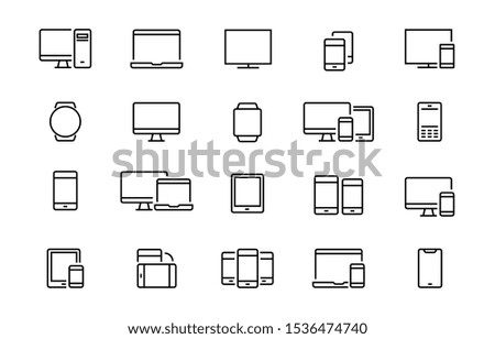 Set of devices icons. Сollection of linear simple web icons such as laptops, phones, gadgets, watches and tablets.Editable vector stroke. 96x96 Pixel Perfect.