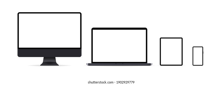 Set von Gerätesymbole. Realistische Set-Laptop, Computer-Monitor, Tablet-PCs und Telefon in dunkelgrauer Farbe mit leerem Display. Vektor EPS10. Einzeln auf weißem Hintergrund