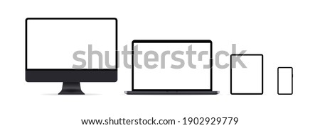 Set of devices icons. Realistic set laptop, computer monitor, tablet and phone in dark grey color with empty display. Vector EPS 10. Isolated on white background