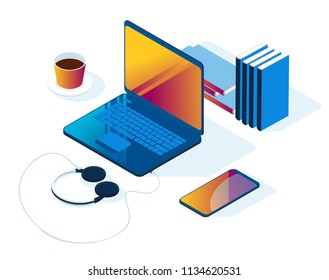 set of devices isometry 3d. Laptop, phone, coffee cup, books, headphones