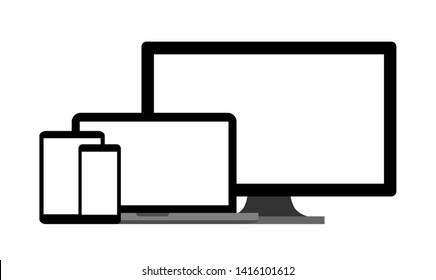 Set of devices as mockup for responsive web site design. Flat vector illustration of blank desktop monitor, laptop, tablet, smartphone with touchscreen. UI and UX website optimization mock-up.