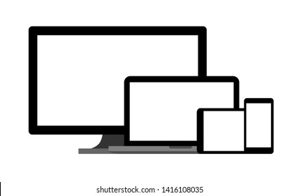Set of devices as mockup for responsive web site design. Flat vector illustration of blank computer or pc lcd monitor, laptop, tablet, smartphone with touch screen. UI website optimization mock-up.