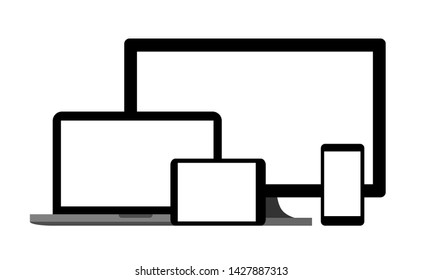 Set of devices as mockup for responsive web site design. Flat vector illustration of blank desktop computer monitor, laptop, tablet, smartphone multi screen sizes. UI website optimization mock-up.