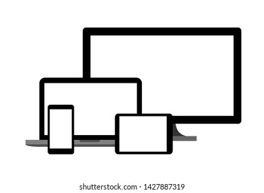 Set of devices as mockup for responsive web site design. Flat vector illustration of blank desktop computer monitor, laptop, tablet, smartphone multi screen sizes. UI website optimization mock-up.