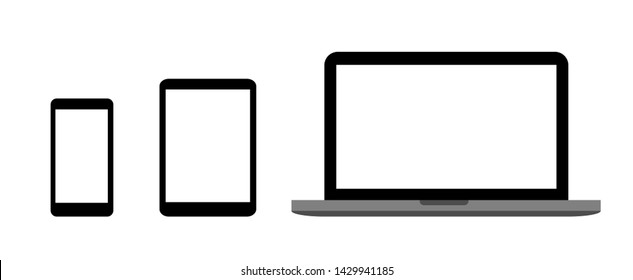 Set of devices as mockup for responsive web design. Flat vector illustration of laptop, tablet, smartphone with different screen sizes and ratio. Website UI optimization concept with portable gadgets.