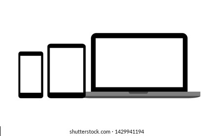 Set of devices as mockup for responsive web design. Flat vector illustration of laptop, tablet, smartphone with different screen sizes and ratio. Website UI optimization concept with portable gadgets.