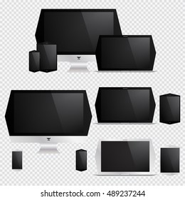 Set of devices. Monoblock PC, cell phone, tablet and laptop. Collection for design presentations. Vector illustration.
