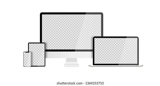 Set of devices on white background. Computer laptop tablet and smartphone with empty screens. Mock up. EPS 10