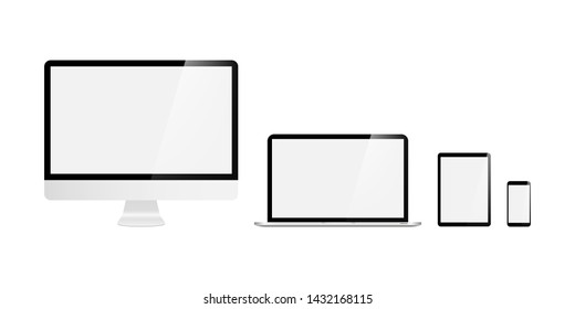 Set of devices on white background. Computer laptop tablet and smartphone with empty screens. Mock up. EPS 10