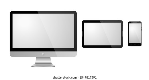 Set of devices on white background. Vector illustration. Realistic monitor, tablet and smartphone