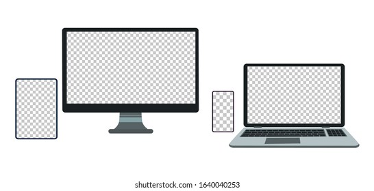 Set of devices on white background. Computer laptop tablet and smartphone with empty screens. Mock up.