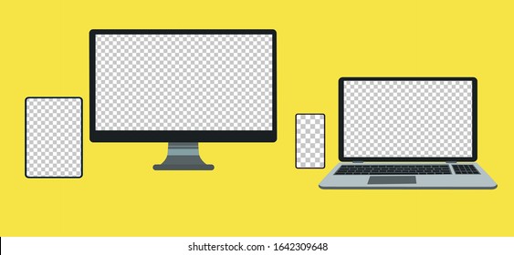 Set of devices on white background. Computer laptop tablet and smartphone with empty screens. Mock up.