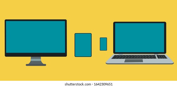 Set of devices on white background. Computer laptop tablet and smartphone with empty screens. Mock up.