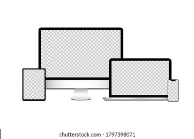 Set of devices on a white background. Computer, laptop, tablet, phone on a white background.