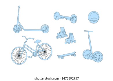 Set of devices for outdoors urban activity: rollers, skateboard, bicycle,  electric scooter, monocycle, hoverboard. Vector in flat line style with color background. 