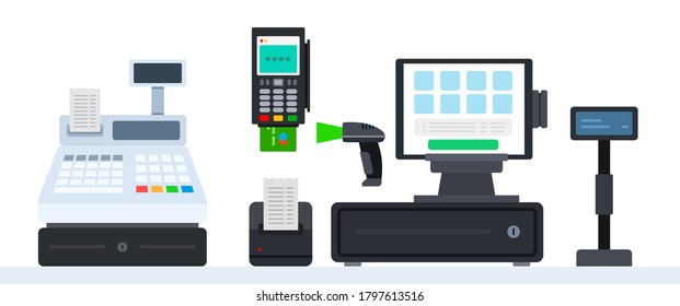 A set of devices for paying for goods and services in various ways flat vector set