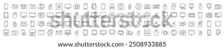 Set of Devices Related Line Icons. Editable Stroke for Design, Web Sites, Apps, Cards. Contains Linear Images of Phone, Photo Camera, Computer Mouse and PC