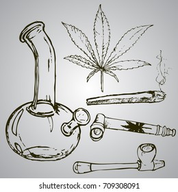 Set of devices for smoking weed. weed leaf, joint, bong, smoking pipes for marijuana. Hand drawn elements