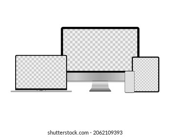 Set of devices with a transparent screen on a white background. Monitor, laptop, tablet, smartphone. Vector illustration.