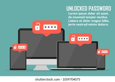 Set of devices with unlocked password in a flat design.