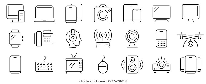 Conjunto de iconos web de dispositivos. Conjunto de iconos de línea de dispositivo y tecnología. Dispositivos electrónicos, gadgets, equipo, computadora, teléfono, tablet, laptop, drone, cámara, reloj inteligente y electrónica. Ilustración del vector