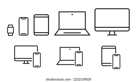 Conjunto de iconos web de dispositivos. Dispositivos de contorno de vectores. Iconos de línea de dispositivos configurados. Computadora, laptop, teléfono móvil, smartphone. Ilustraciones vectoriales mínimas